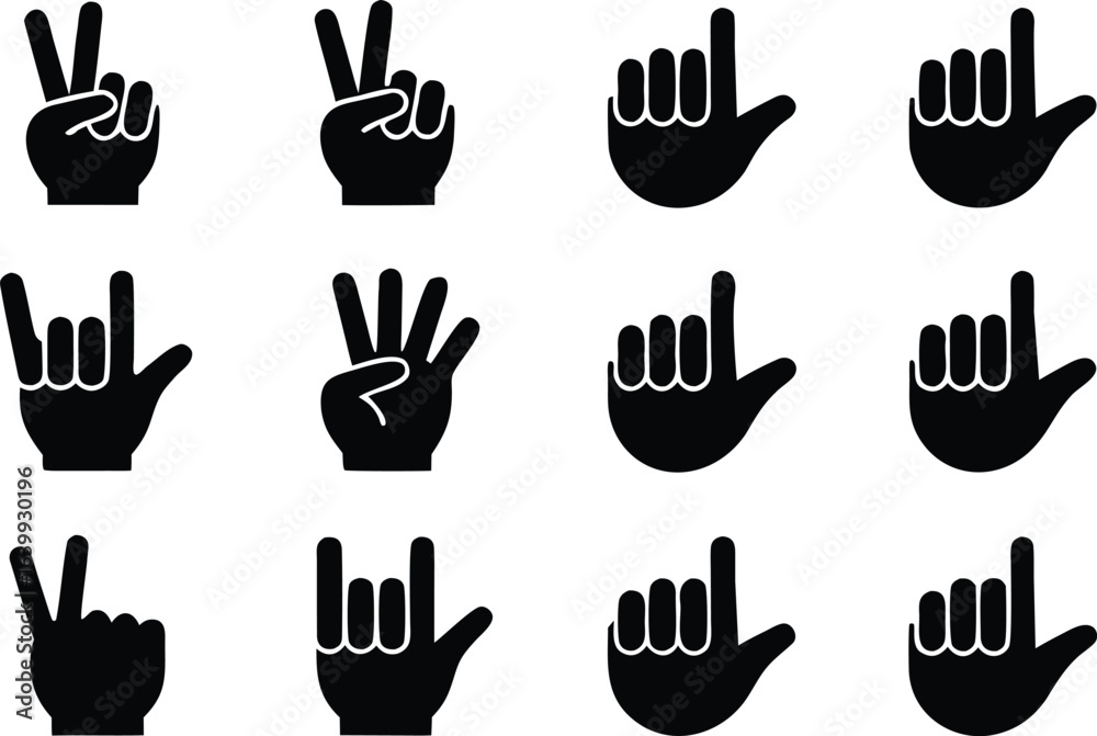 Fototapeta premium Diverse Hand Gesture Collection Black Silhouette Set Representing Communication Expression and Sign Language Isolated on White Background