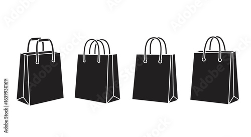 Four black shopping bags in a row silhouette