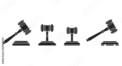 Four gavel icons in silhouette style
