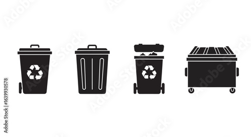 Collection of four different trash and recycling bins silhouette