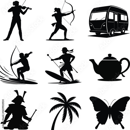 Assorted black silhouette icons on white background musician violin