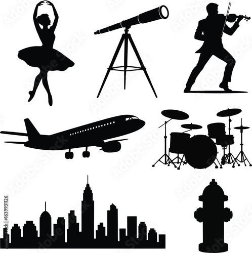 Black silhouette icons of ballerina telescope violinist airplane drum set cityscape and fire hydrant