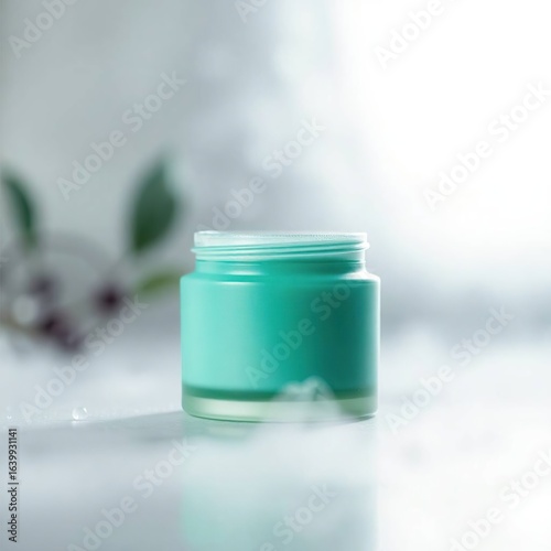 Teal cream jar with spa background.