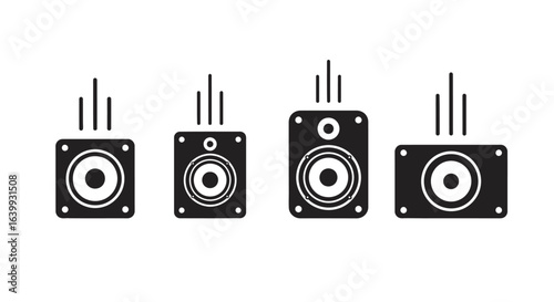 Four speaker icons with sound waves silhouette