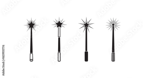 Collection of four stylized magic wands silhouette