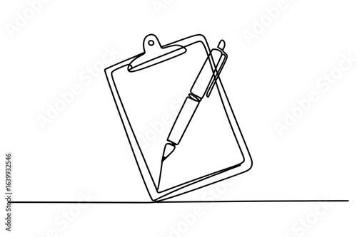 One Line Drawing of Clipboard with Pencil, Minimal Office Vector Illustration