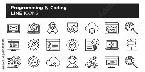 Vector art of programming and coding line icons set for software development isolated on white background
