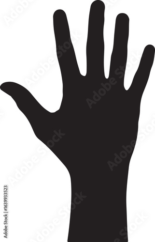 Black silhouette of a human hand raised with fingers spread wide against a white background