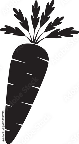 A simple black silhouette of a fresh carrot with green leafy tops isolated on a white background