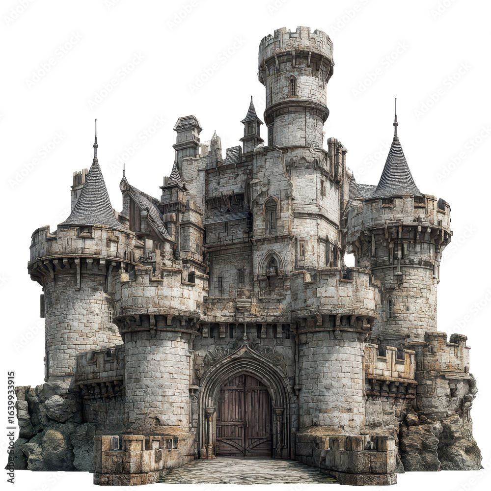 Obraz premium Majestic stone castle stands tall against clear sky highlighting architectural details and historical significance