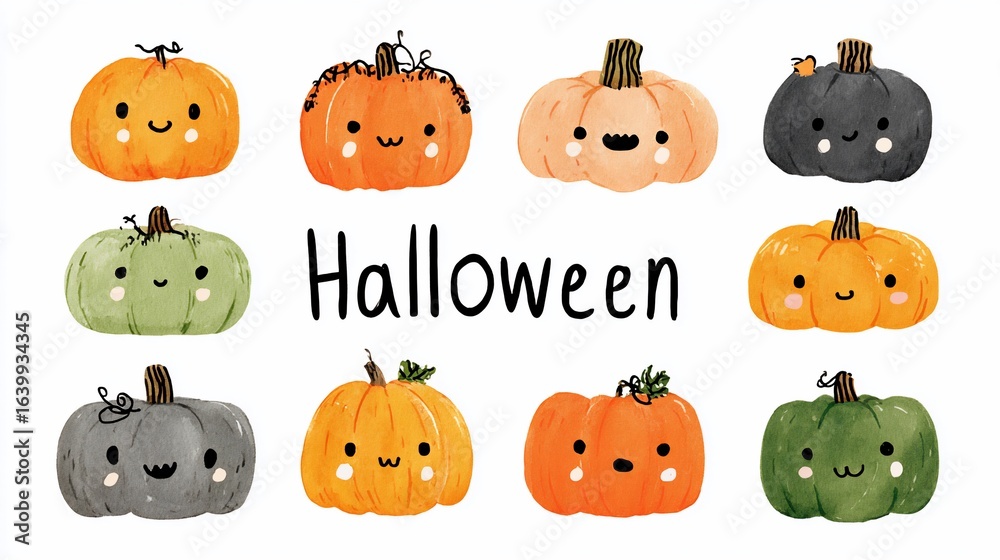 Fototapeta premium Festive Pumpkins Smiling For Halloween Celebration, White Background