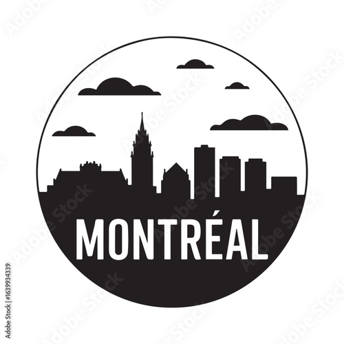 Montreal skyline. Circular style. Stock vector illustration. Vector black silhouette. with white background.
