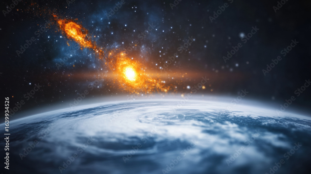 Naklejka premium Breathtaking view of Earth from space with vibrant cosmic scene featuring glowing orange nebulae and countless stars in background, evoking wonder and awe