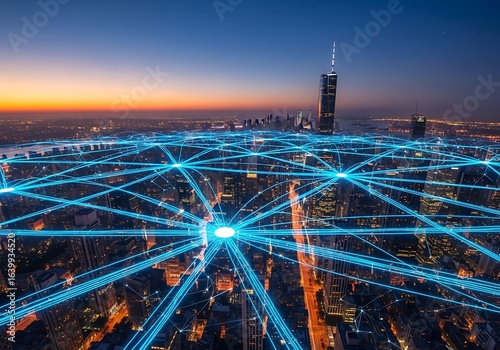 Futuristic city skyline illuminated with interconnected digital network representing modern technology and global communication