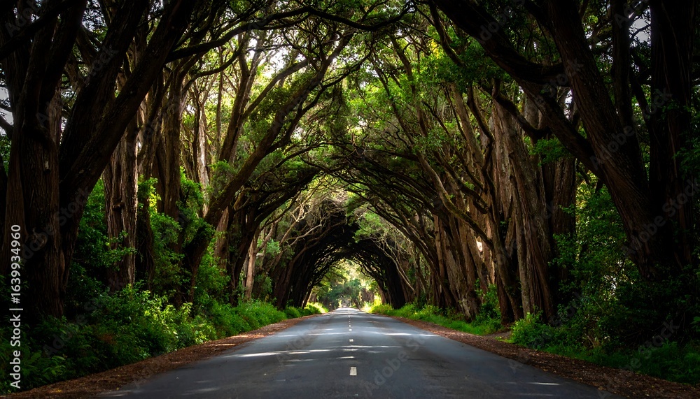 Obraz premium Road through lush tree tunnel