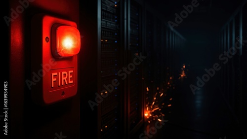 Bright fire alarm in a dark data center with sparks indicating potential danger