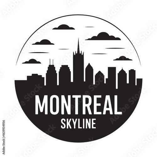 Montreal skyline. Circular style. Stock vector illustration. Vector black silhouette. with white background.