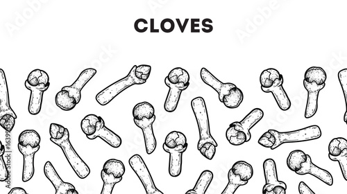 Cloves sketch. Horizontal seamless pattern. Hand drawn vector illustration. Kitchen spice