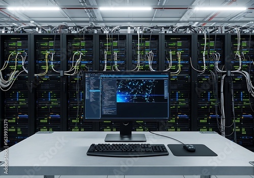 A modern data center with rows of server racks and a computer displaying complex data analysis software