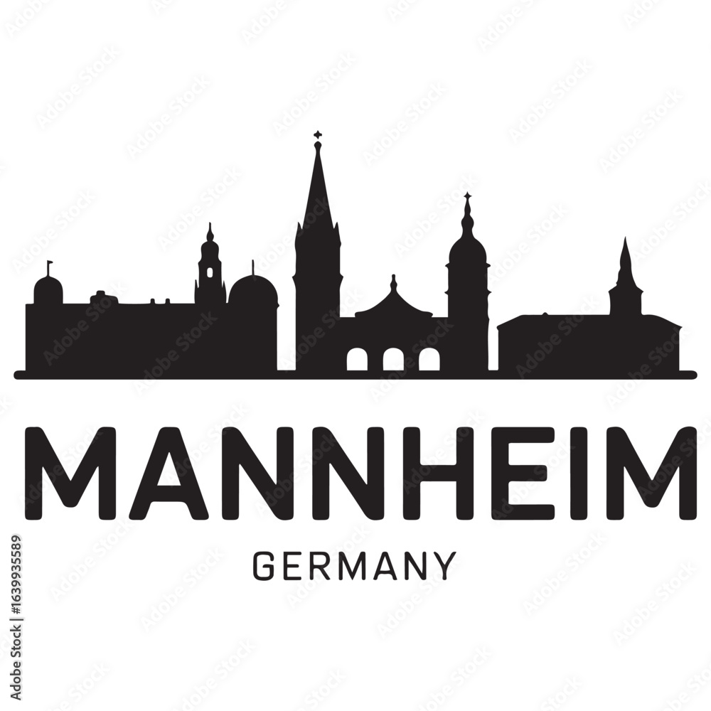 Fototapeta premium Poziomy baner z panoramą Mannheim. Mannheim, Niemcy. Szablon wektorowy do Twojego projektu. Czarna sylwetka wektorowa. Na białym tle.