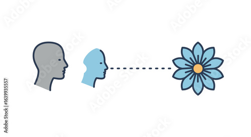 Concept of perception and transformation in nature with human profiles and flower