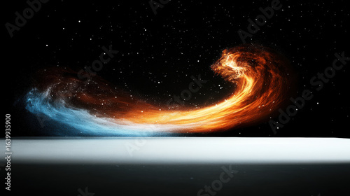 Vibrant energy wave resembling galaxy silhouette, blending fiery orange and cool blue hues, set against starry black background, evoking cosmic wonder and high fidelity