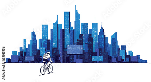 Urban cycling in vibrant modern cityscape with blue skyscrapers