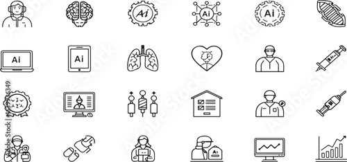 Healthcare and medical outline icon set featuring doctors, patients, diagnostics, heart health, telemedicine, hospital services, and wellness concepts for medical websites, apps, and infographics.

