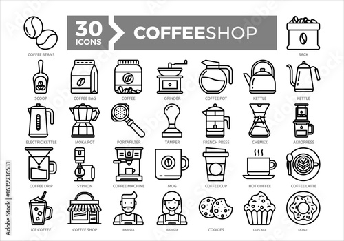 Coffee shop icons collection set featuring brewing tools, drinks, baristas, and sweet treats. Perfect for caf� branding, menus, and coffee-related designs.