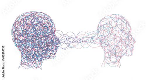 Abstract line art of two connected human heads in communication