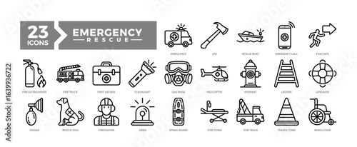 Emergency Rescue icons collection set including ambulance, firefighter tools, rescue vehicles, and medical support. Perfect for safety apps, emergency plans, and public service designs.