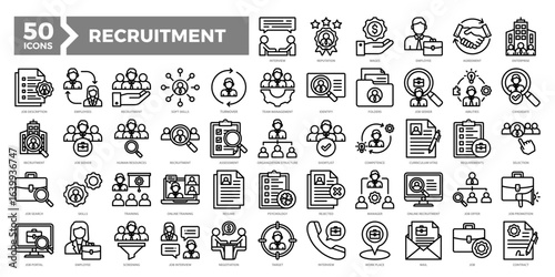 Recruitment icons collection set featuring hiring, interviews, resumes, HR tools, and candidate evaluation. Perfect for HR platforms, job boards, and employment-related visuals.
