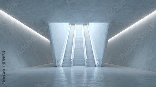 Futuristic escalators ascend in a stark, minimalist, modern, light-filled tunnel interior
