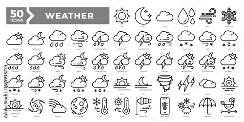Weather icons collection set including sun, storm, snow, wind, and natural elements. Ideal for weather apps, forecasts, climate infographics, and seasonal illustrations.