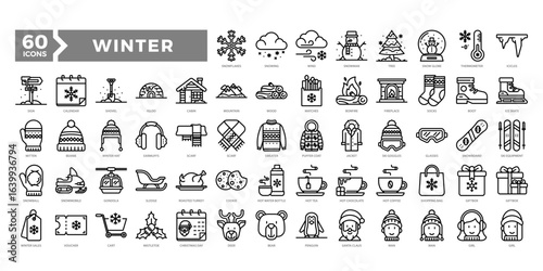 Winter icons collection set including snowflakes, clothes, food, and holiday elements. Perfect for seasonal designs, Christmas themes, e-commerce, and winter event visuals.