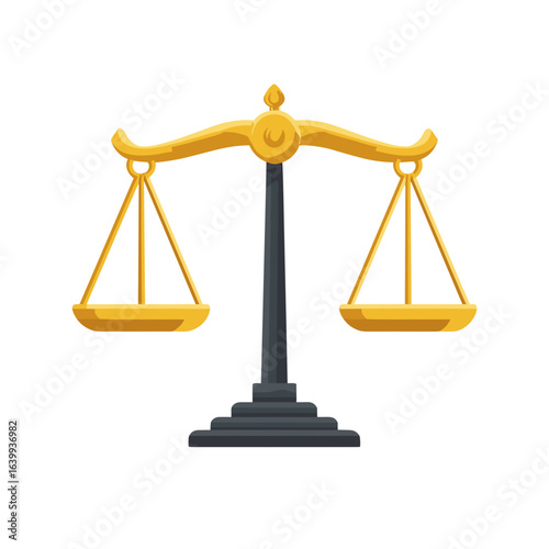 Symbol of justice represented by traditional scales balanced evenly on a black base