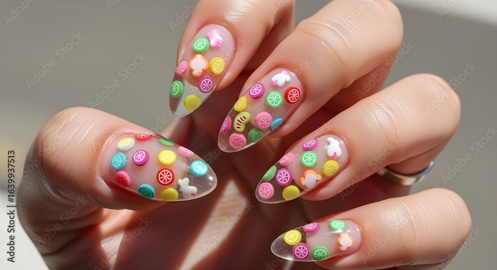 Female hand with creative colorful manicure with confetti Female hand with creative colorful manicure with confetti