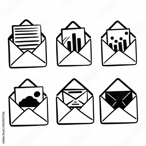 Set of mail envelopes with different contents isolated on white background in vector format