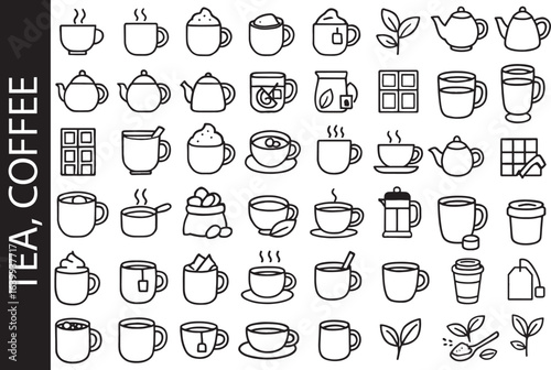 Tea, Coffee & Hot Chocolate Line Icon Set. Cafe & Hot Beverage Symbols.