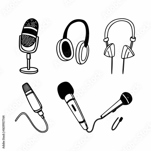 Hand drawn set of microphones and headphones isolated on white background for audio recording studio