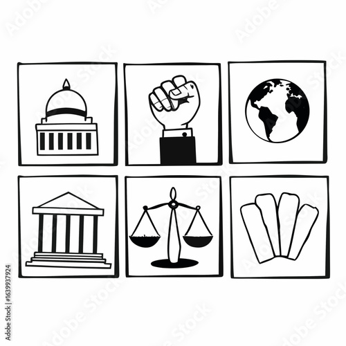 Illustration of government buildings, a fist, globe, scales, and ballots isolated on white background