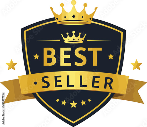 Best Seller Badge – Black and Gold Crown Emblem with Stars and Ribbon