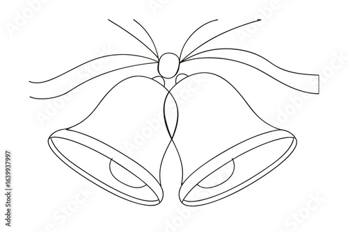 Minimalist continuous line drawing two wedding bells with ribbon marriage love