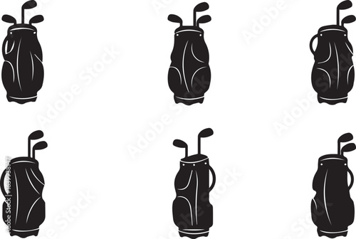 Six Black Silhouette Golf Bags With Clubs On White Background sport equipment
