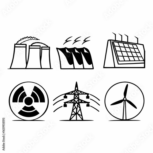 Illustration of various sources of energy, including solar panels, wind turbines, and nuclear plant isolated on white background