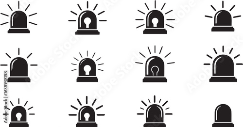Twelve black siren light icons with one unique icon on a white background alarm alert