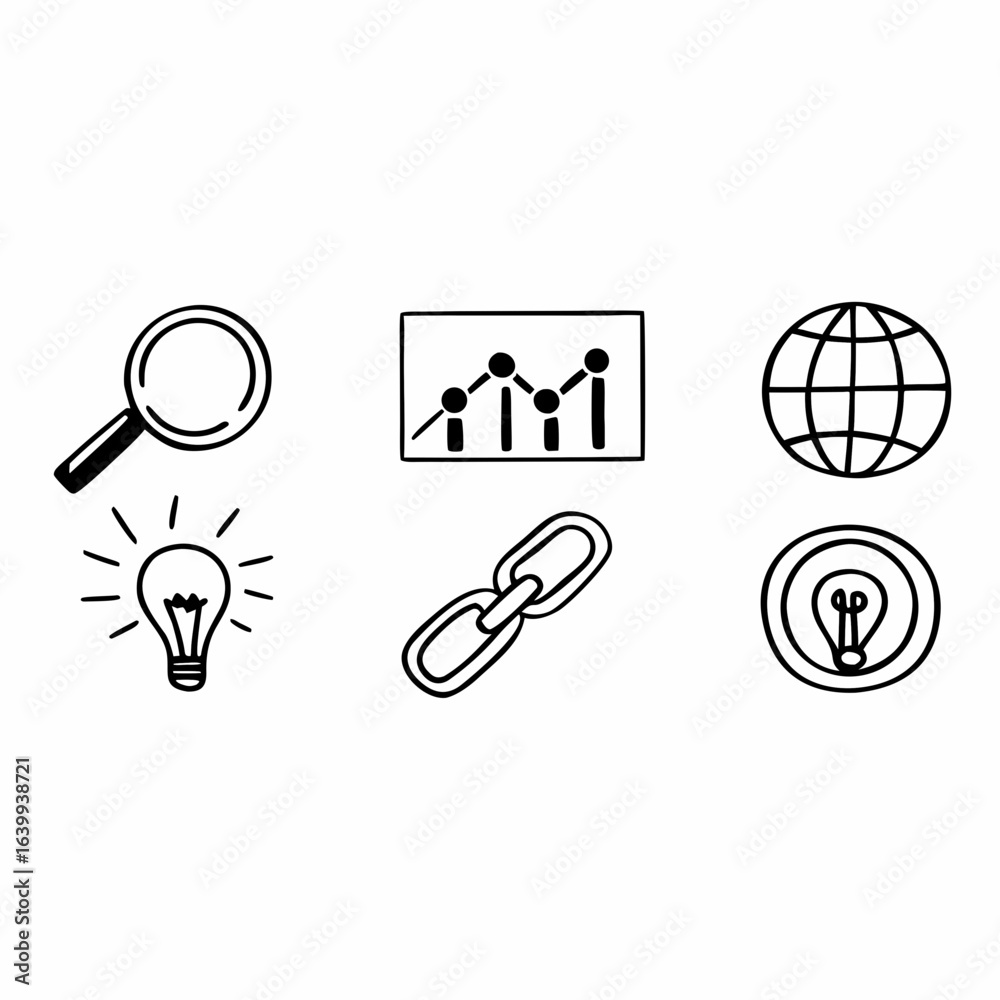 Fototapeta premium Illustration of magnifier, graph, globe, bulb and chain isolated on white background