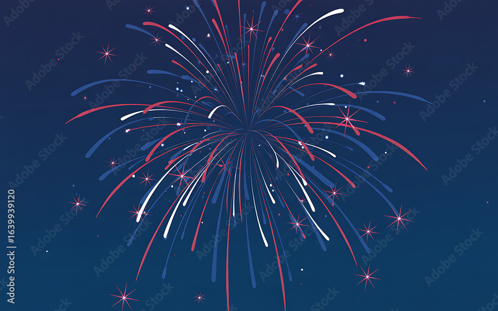 Fototapeta premium Red white and blue fireworks exploding in dark blue sky
