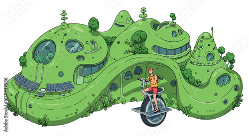 Futuristic green building with solar panels and unicycle rider