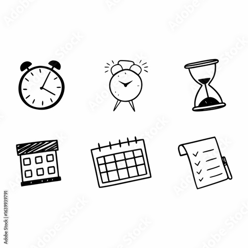 Hand drawn time management icons including clock, alarm, hourglass, calendar and to do list isolated on white background